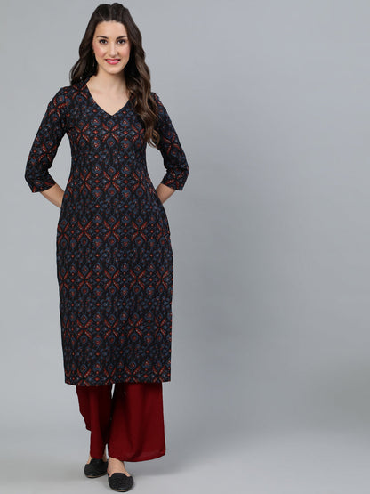 Women's Navy Blue Printed Straight Kurta