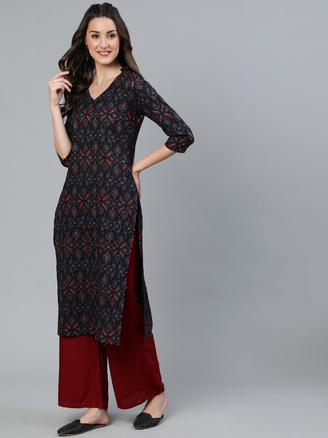 Women's Navy Blue Printed Straight Kurta