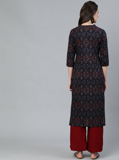 Women's Navy Blue Printed Straight Kurta