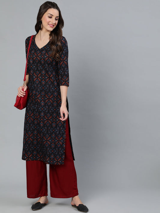 Women's Navy Blue Printed Straight Kurta
