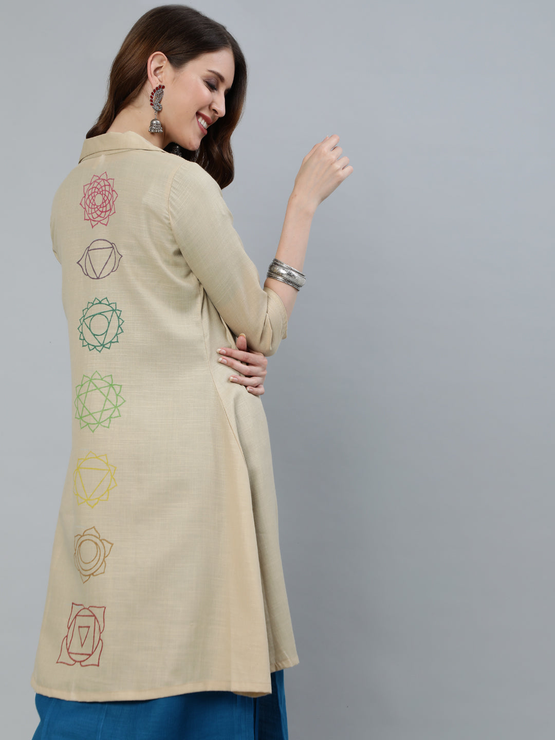 Women's Beige Seven Chakras Block Print Jacket