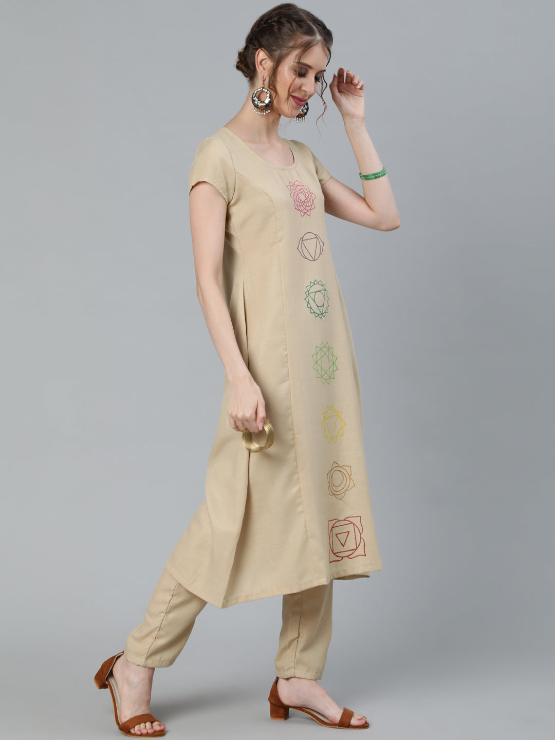 Women's Beige Seven Chakras A-Line Kurta