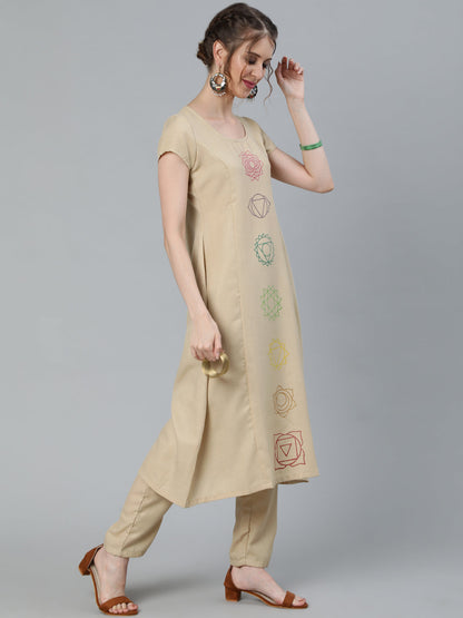 Women's Beige Seven Chakras A-Line Kurta