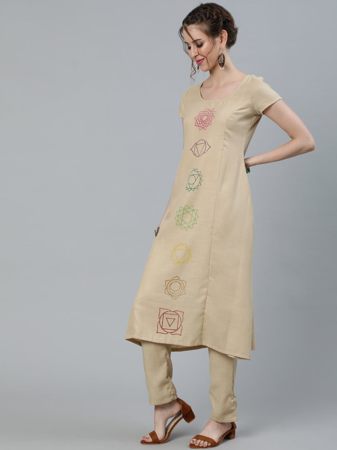 Women's Beige Seven Chakras A-Line Kurta