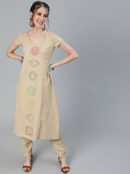 Women's Beige Seven Chakras A-Line Kurta