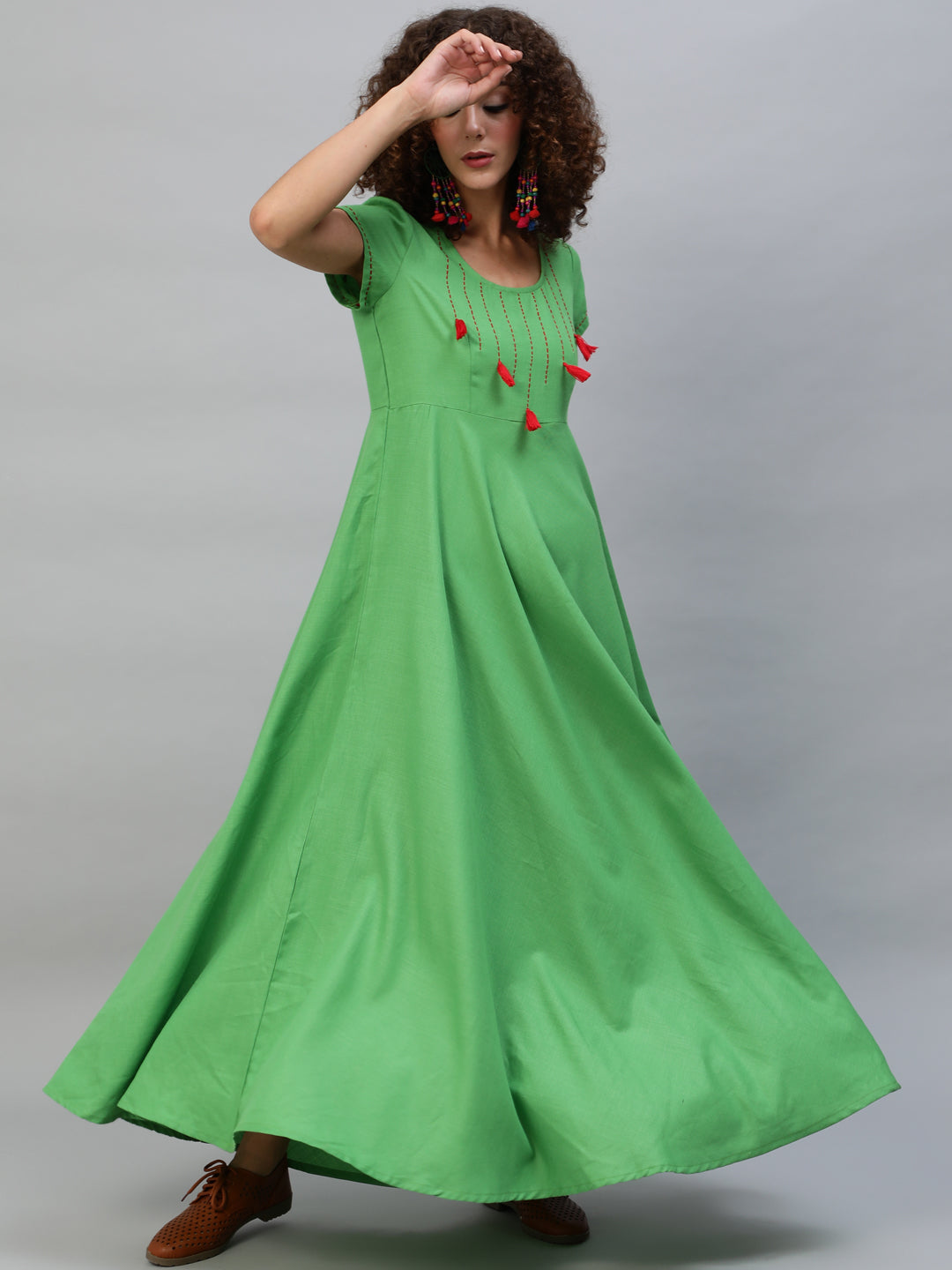 Women's Green Maxi Dress With Thread Worked Yoke