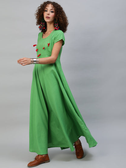 Women's Green Maxi Dress With Thread Worked Yoke