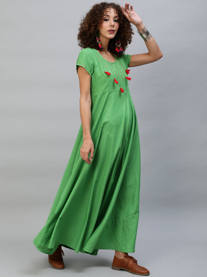 Women's Green Maxi Dress With Thread Worked Yoke
