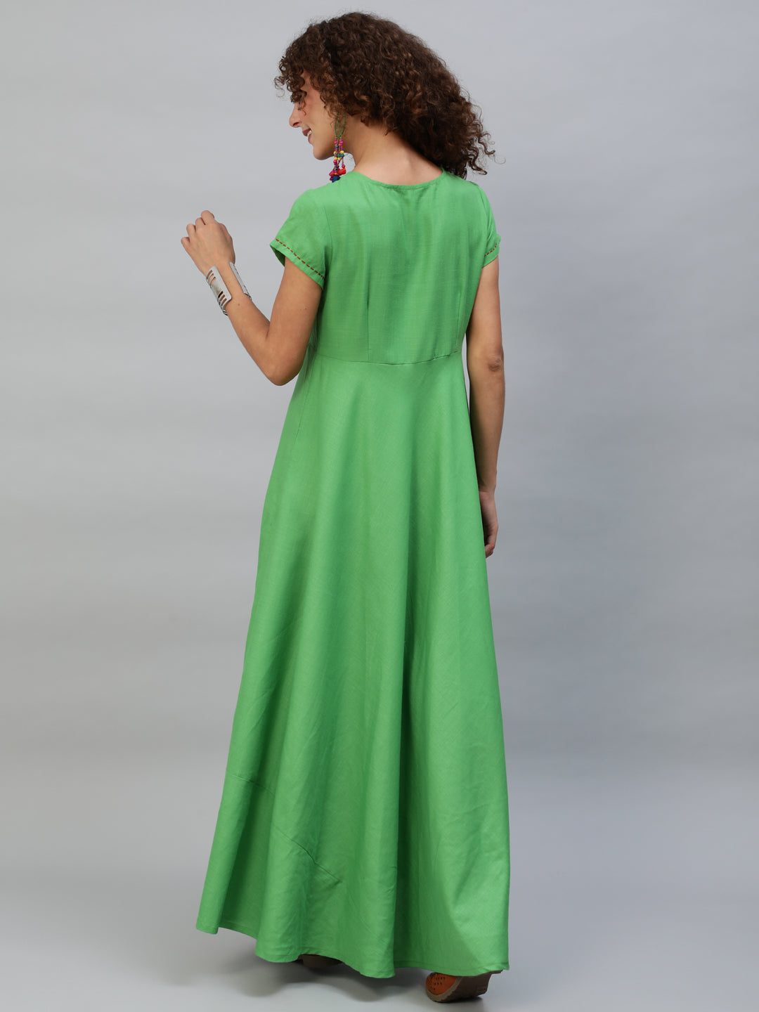 Women's Green Maxi Dress With Thread Worked Yoke