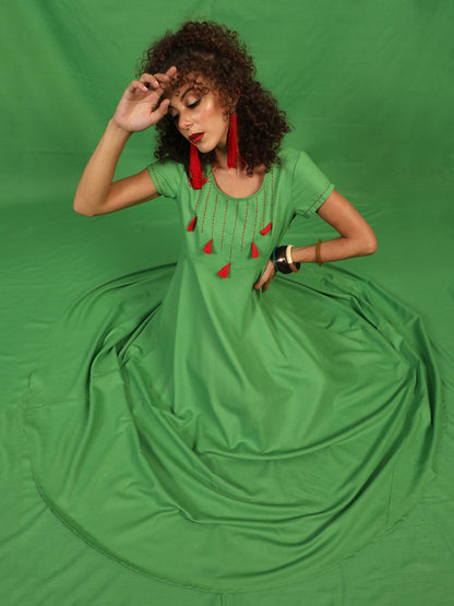 Women's Green Maxi Dress With Thread Worked Yoke
