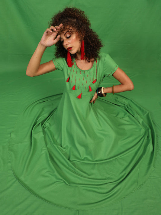 Women's Green Maxi Dress With Thread Worked Yoke