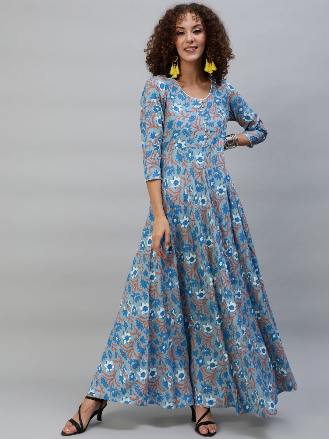 Women's Blue Floral Print Flared Maxi Dress
