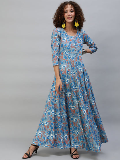 Women's Blue Floral Print Flared Maxi Dress