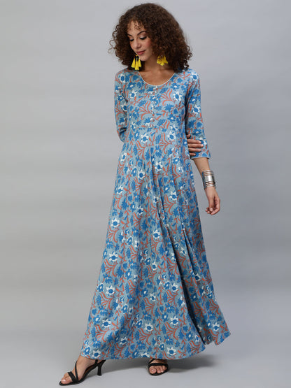 Women's Blue Floral Print Flared Maxi Dress