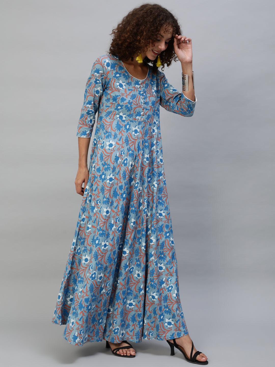 Women's Blue Floral Print Flared Maxi Dress