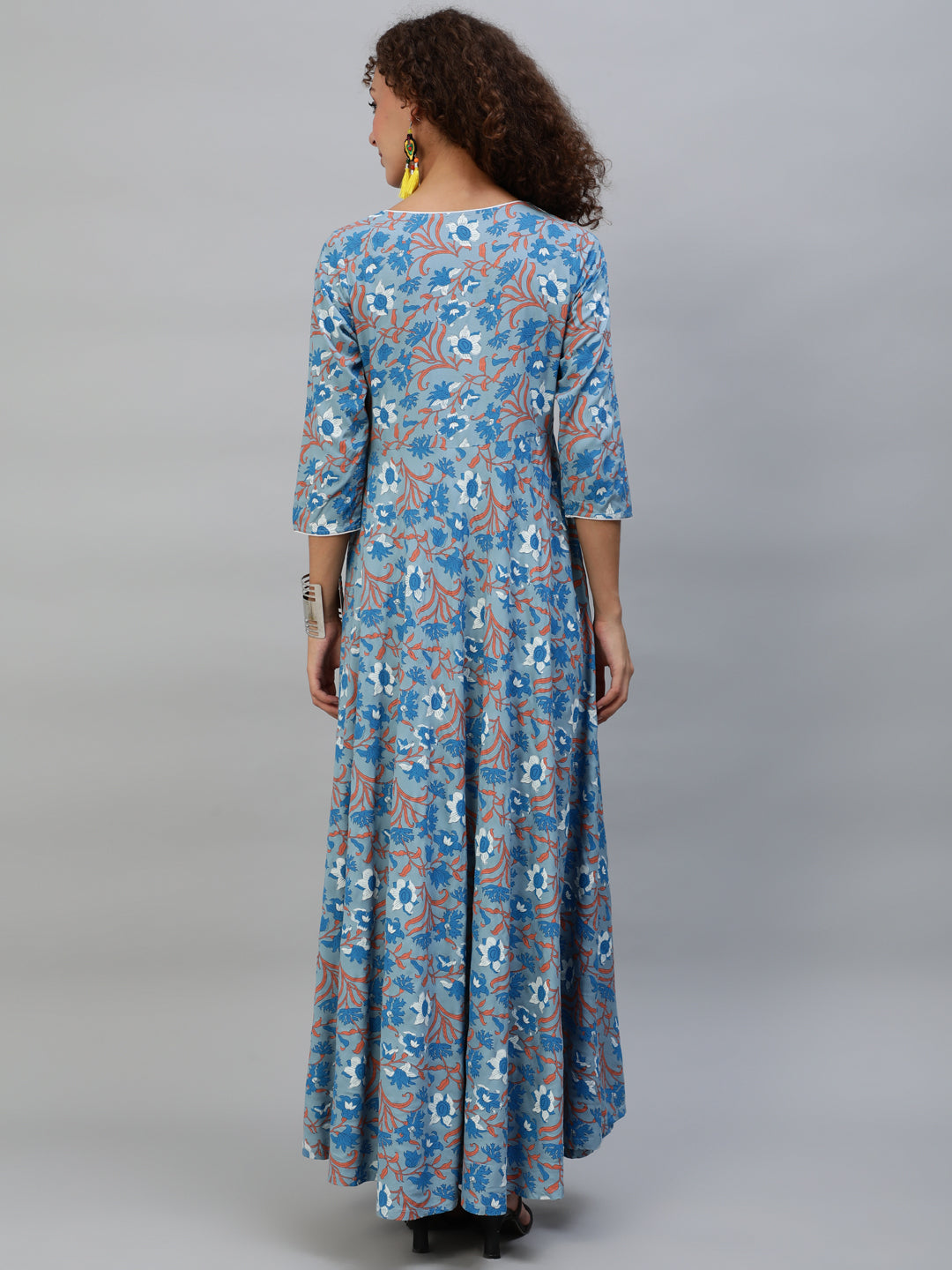 Women's Blue Floral Print Flared Maxi Dress
