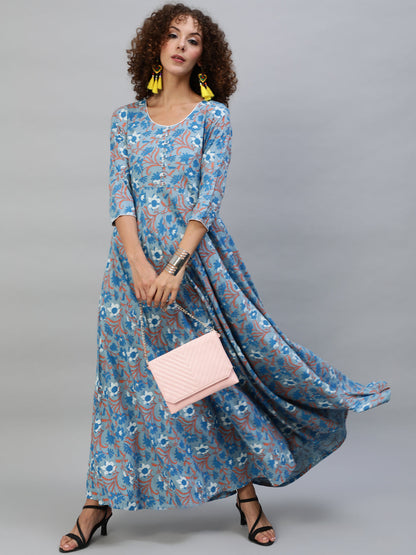 Women's Blue Floral Print Flared Maxi Dress