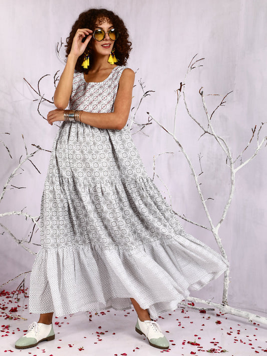 Women's White Floral Print Sequin Tiered Maxi Dress