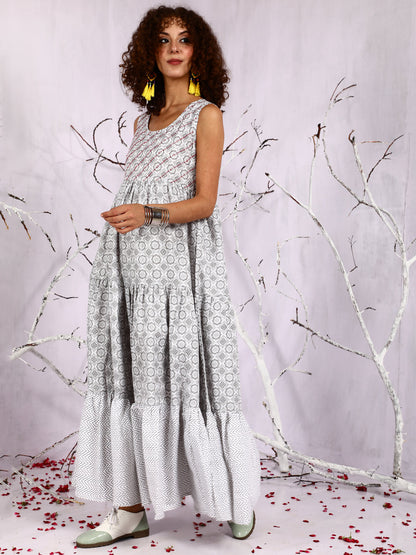 Women's White Floral Print Sequin Tiered Maxi Dress