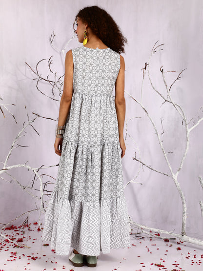 Women's White Floral Print Sequin Tiered Maxi Dress