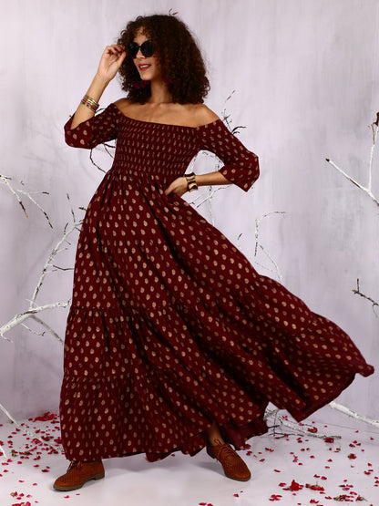 Women's Maroon Off-Shoulder Tiered Maxi Dress