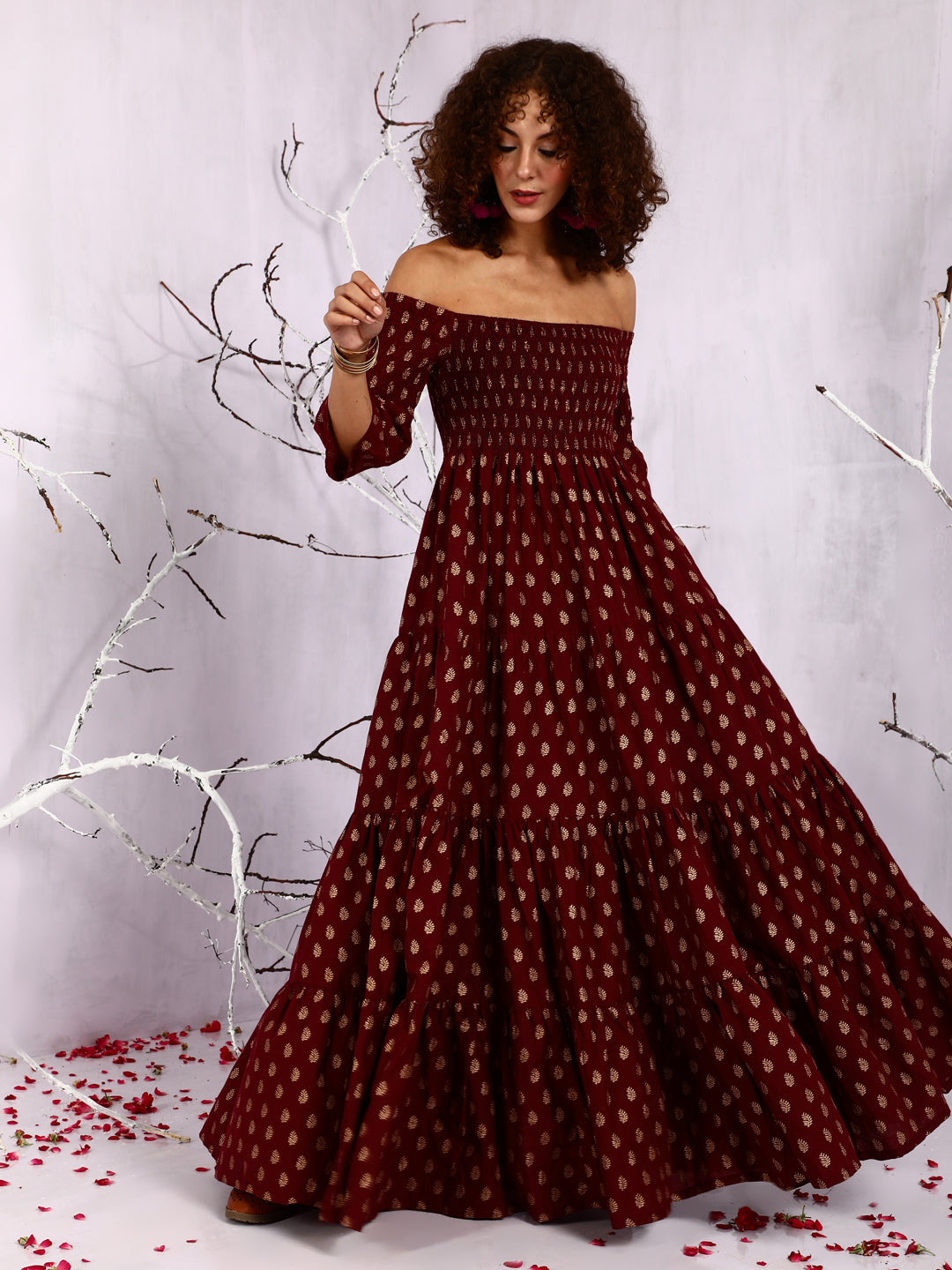 Women's Maroon Off-Shoulder Tiered Maxi Dress