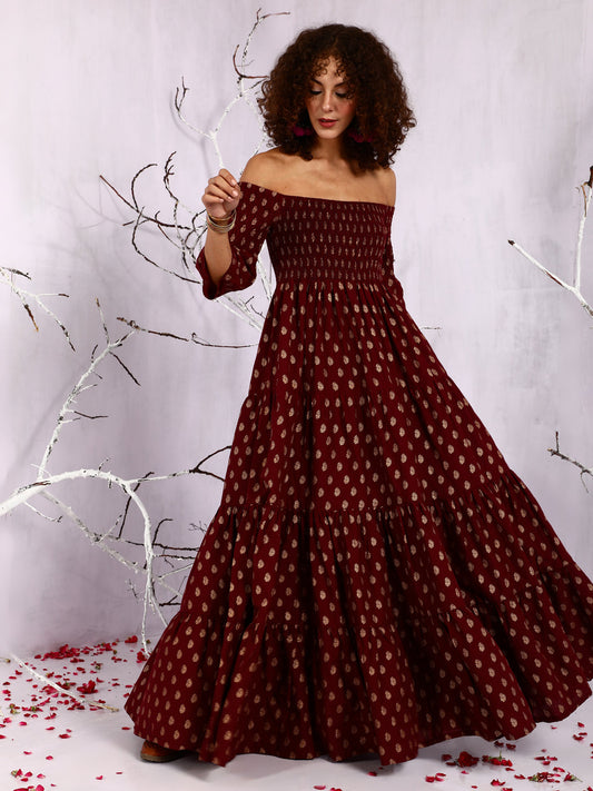Women's Maroon Off-Shoulder Tiered Maxi Dress