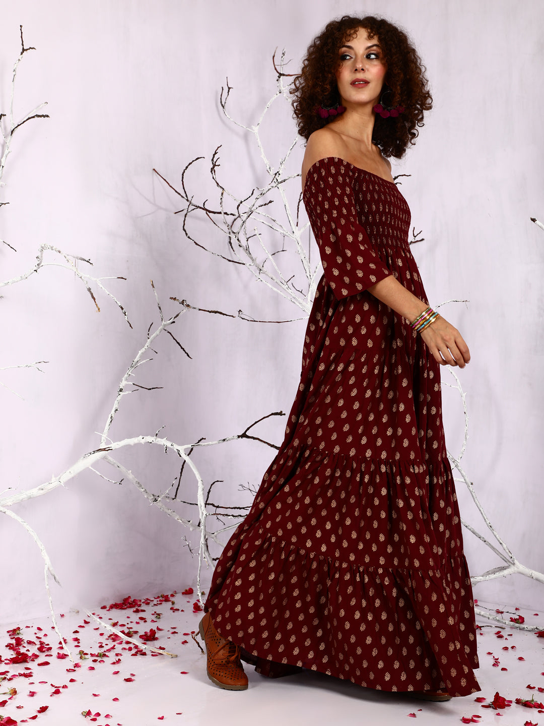 Women's Maroon Off-Shoulder Tiered Maxi Dress