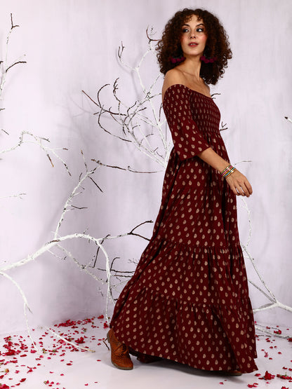 Women's Maroon Off-Shoulder Tiered Maxi Dress