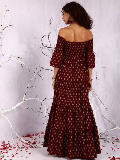 Women's Maroon Off-Shoulder Tiered Maxi Dress