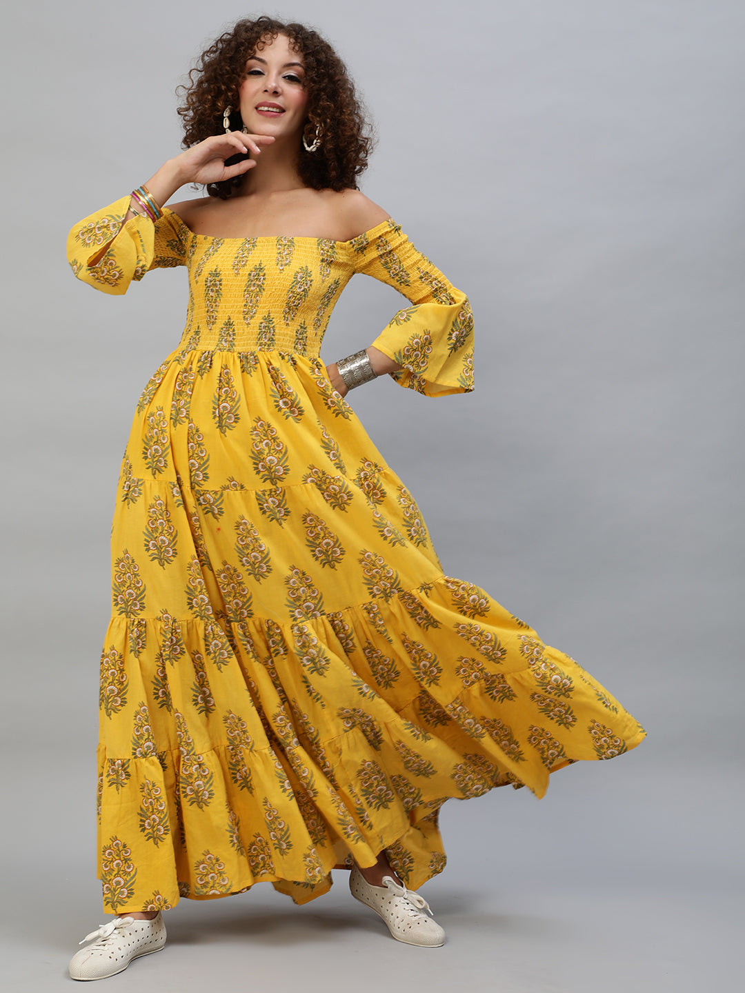 Women's Yellow Floral Print Off-Shoulder Tiered Maxi