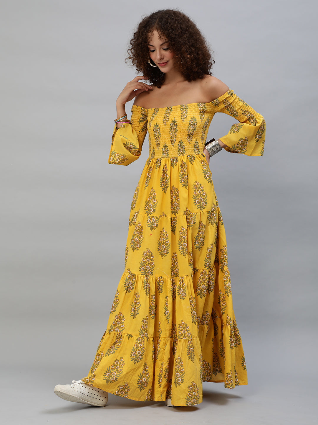 Women's Yellow Floral Print Off-Shoulder Tiered Maxi