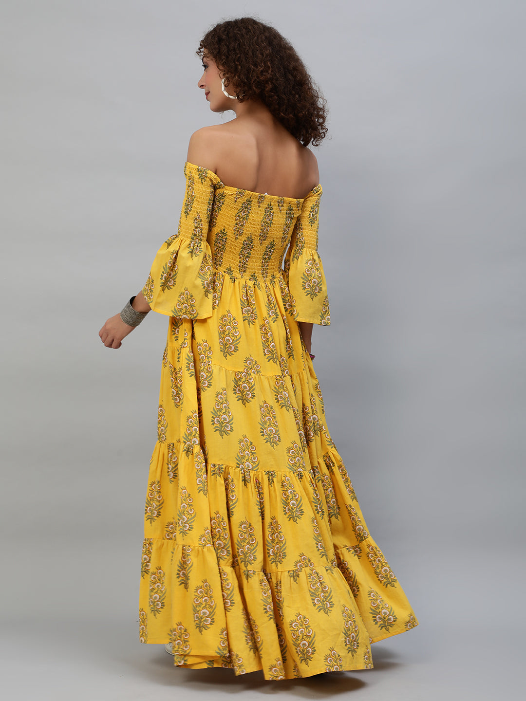 Women's Yellow Floral Print Off-Shoulder Tiered Maxi