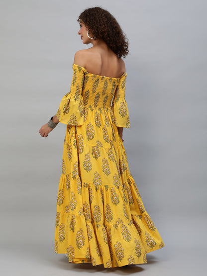 Women's Yellow Floral Print Off-Shoulder Tiered Maxi