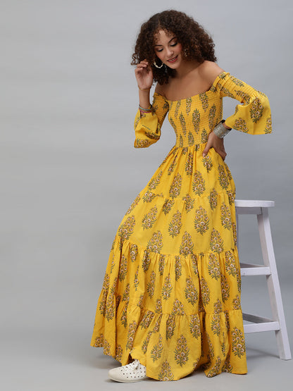 Women's Yellow Floral Print Off-Shoulder Tiered Maxi