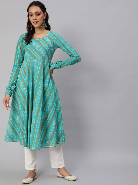 Women's Blue Bandhani Printed Flared Anarkali