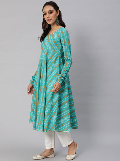 Women's Blue Bandhani Printed Flared Anarkali