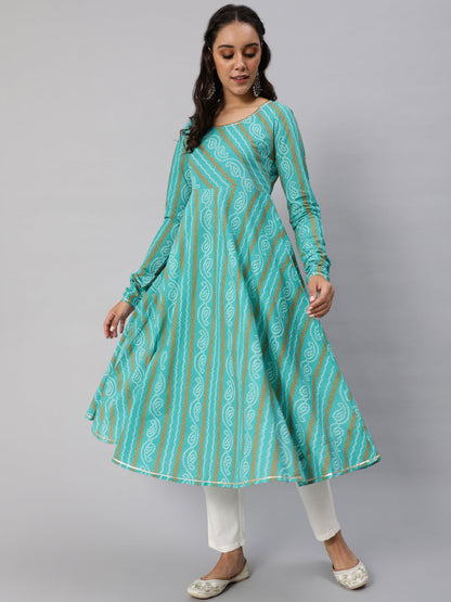 Women's Blue Bandhani Printed Flared Anarkali