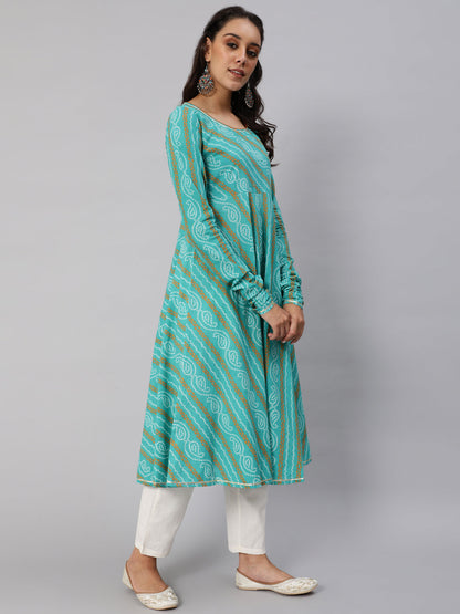 Women's Blue Bandhani Printed Flared Anarkali