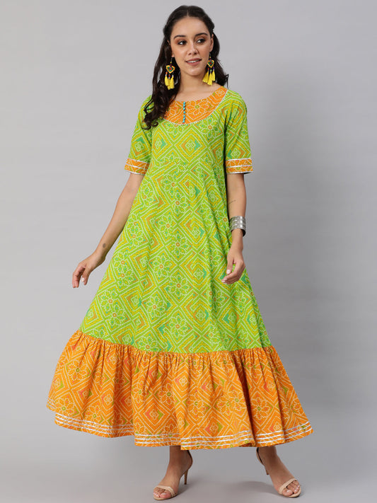 Women's Green Bandhani Print Flared Maxi Dress