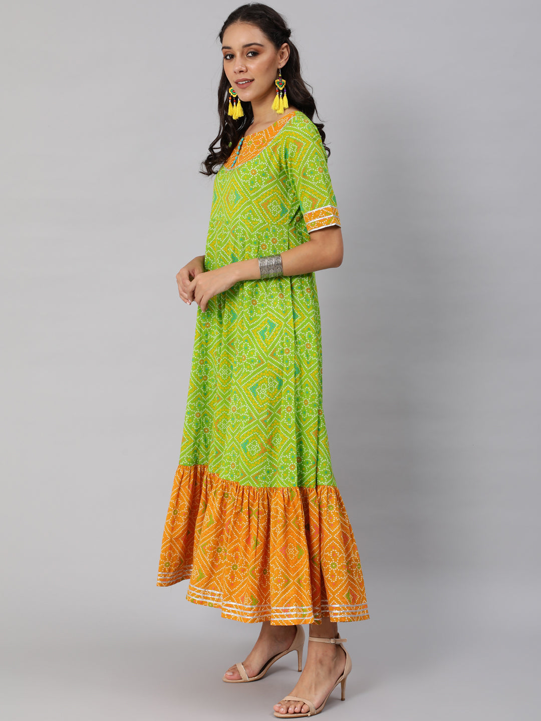 Women's Green Bandhani Print Flared Maxi Dress