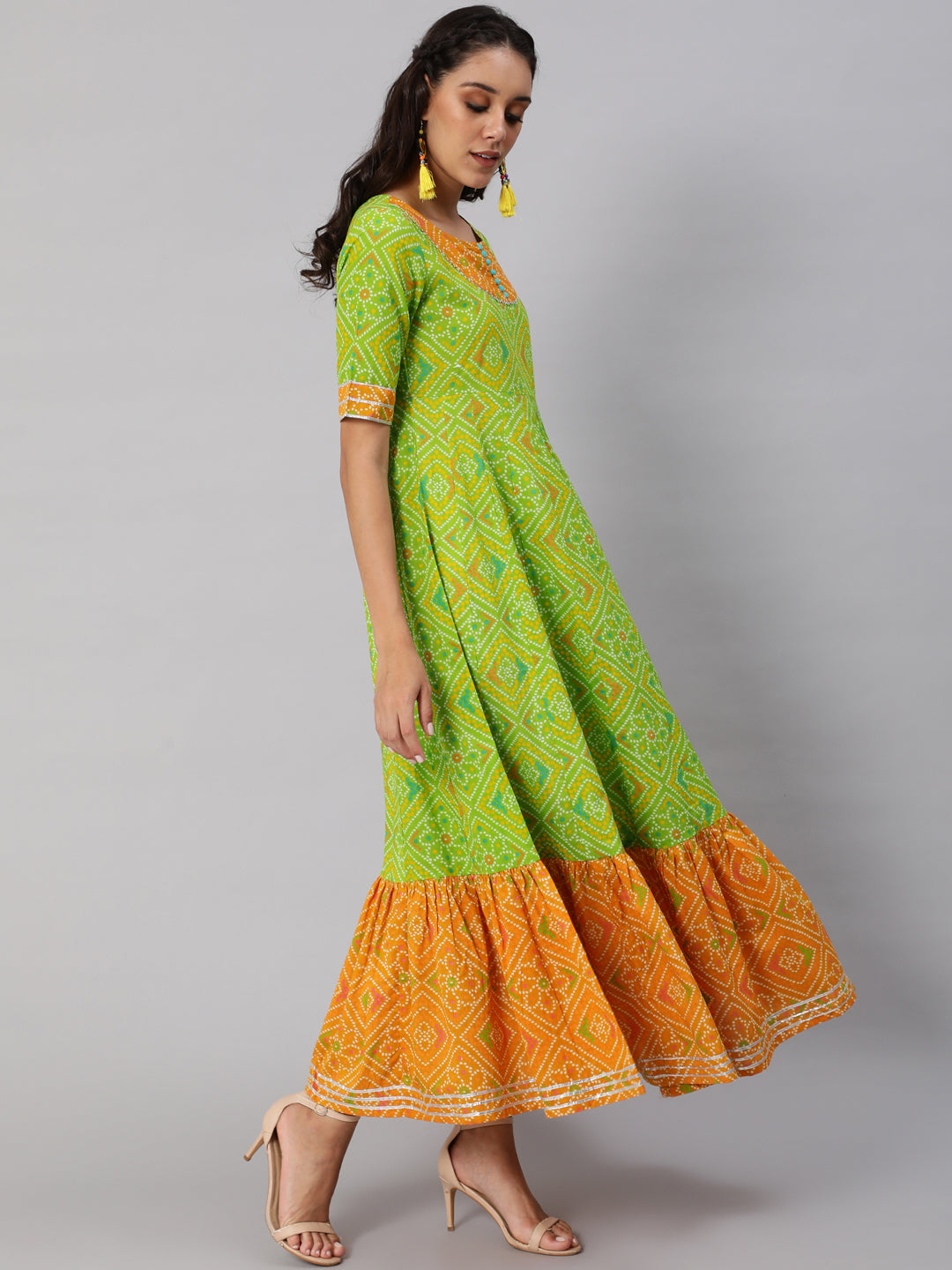Women's Green Bandhani Print Flared Maxi Dress
