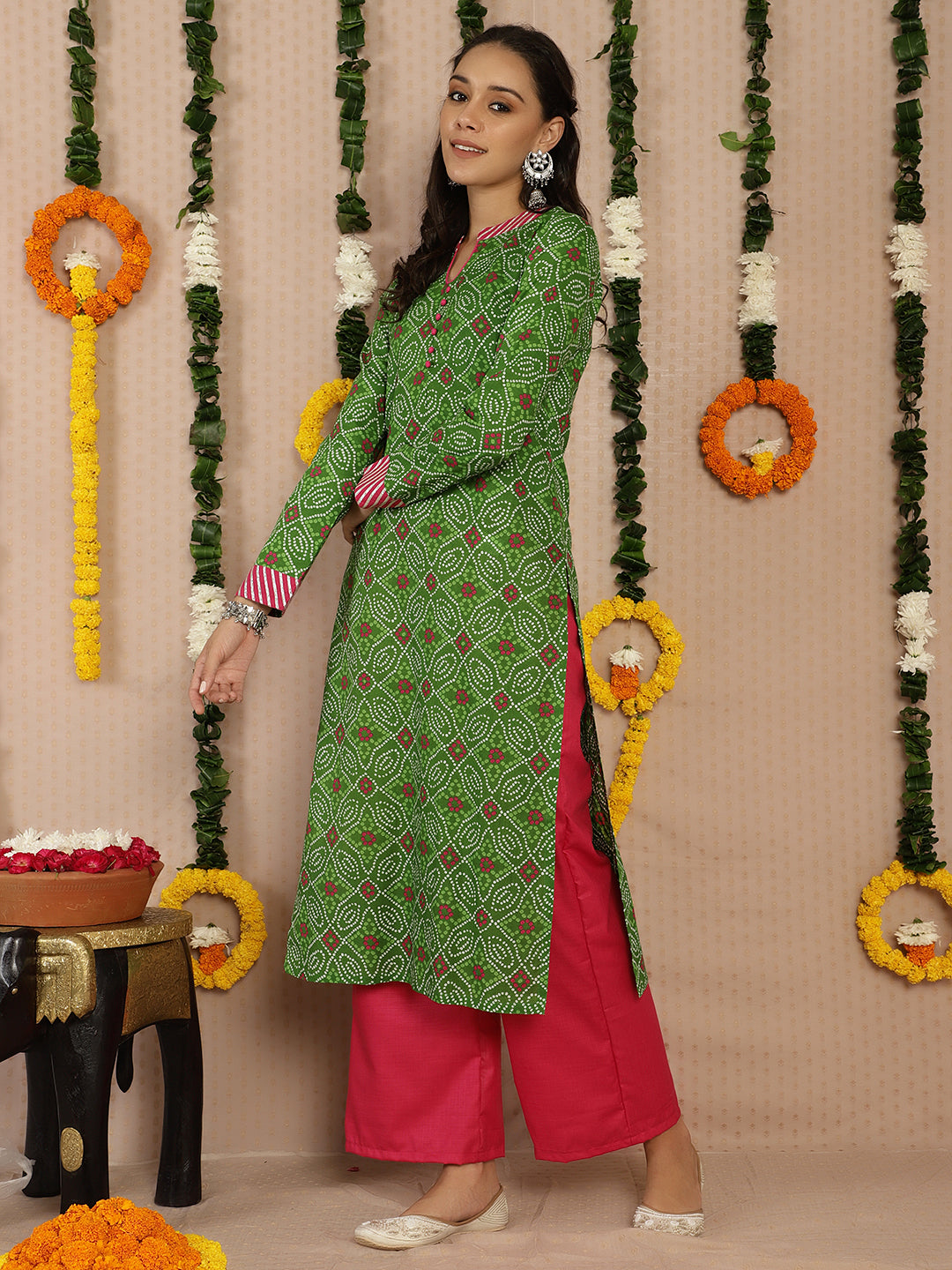 Women's Green Bandhani Print Kurta