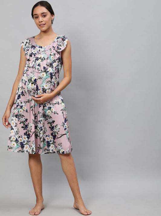 Women's Peach Floral Print Night Dress
