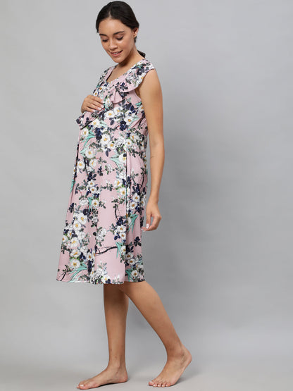 Women's Peach Floral Print Night Dress
