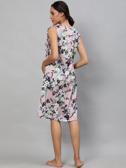 Women's Peach Floral Print Night Dress
