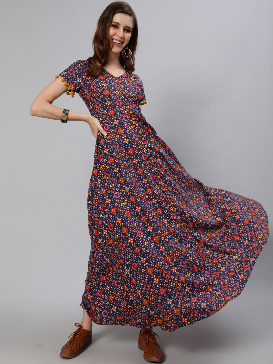 Women's Blue Patola Print Flared Maxi Dress