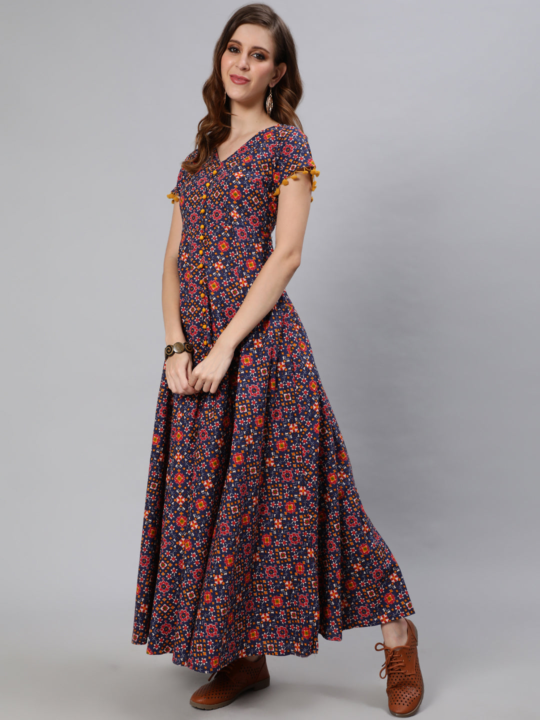 Women's Blue Patola Print Flared Maxi Dress