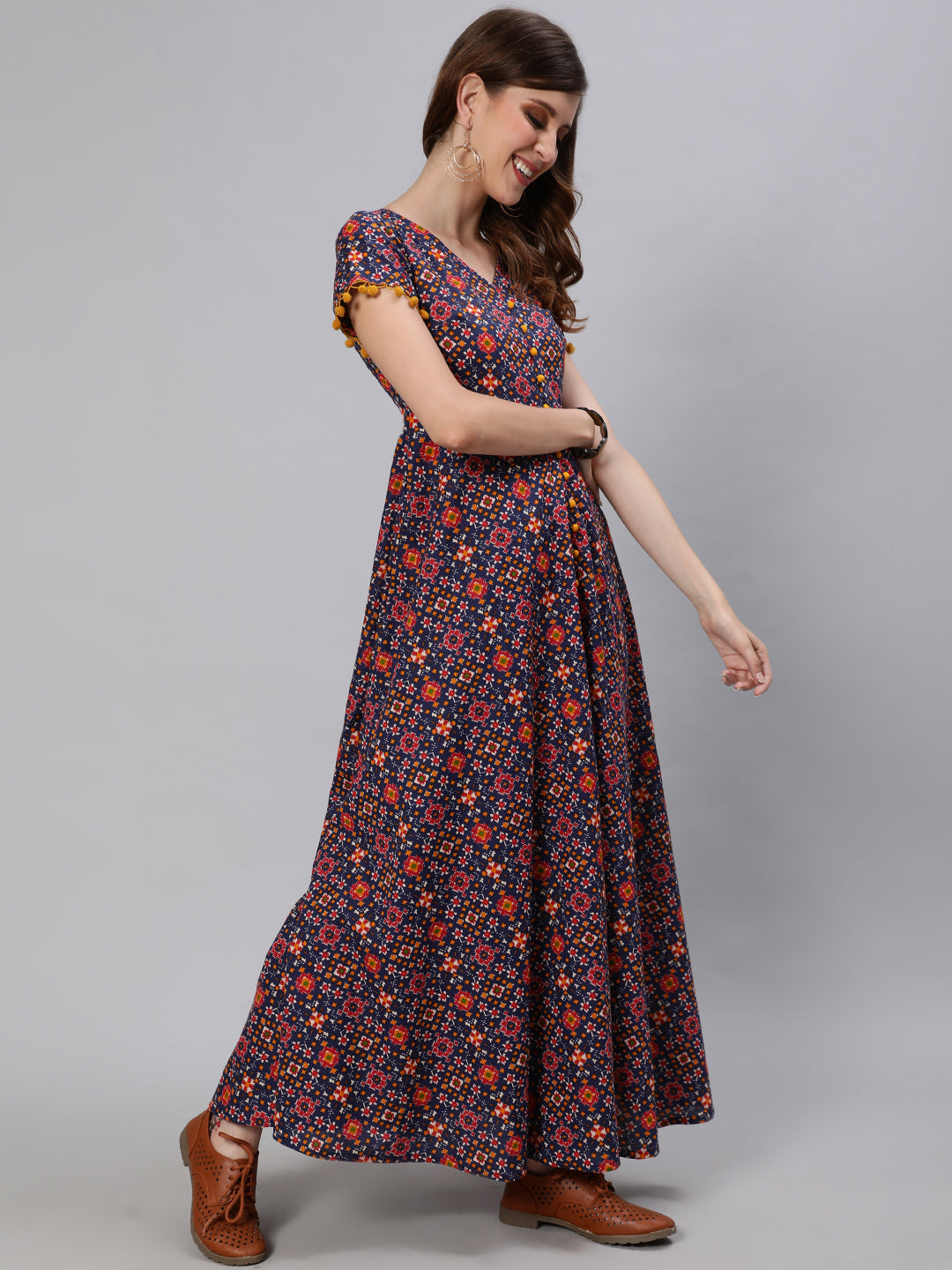 Women's Blue Patola Print Flared Maxi Dress