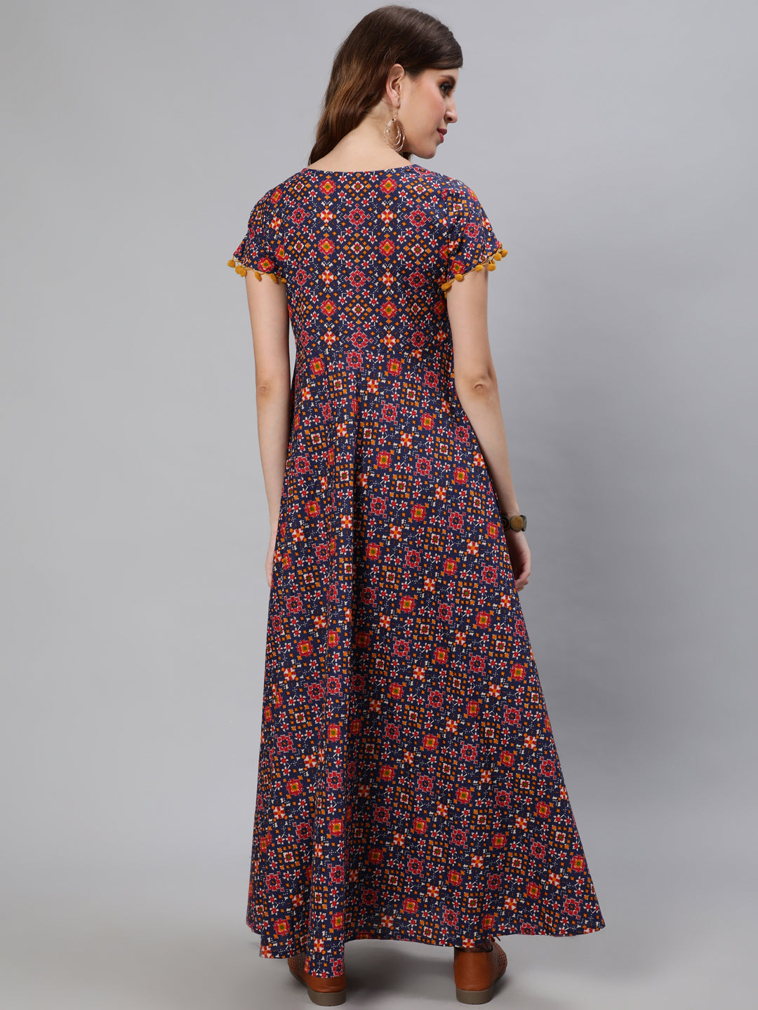 Women's Blue Patola Print Flared Maxi Dress